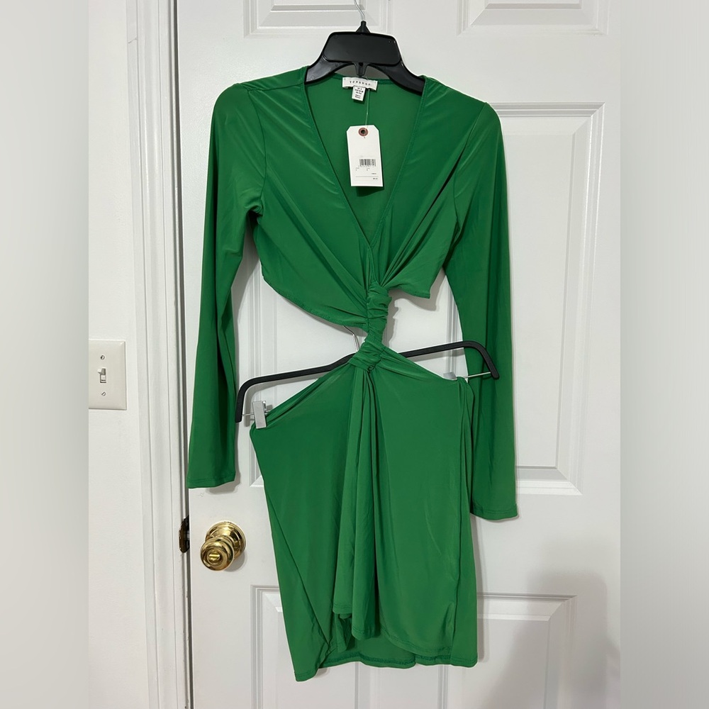 Topshop Cutout Long Sleeve Dress in green